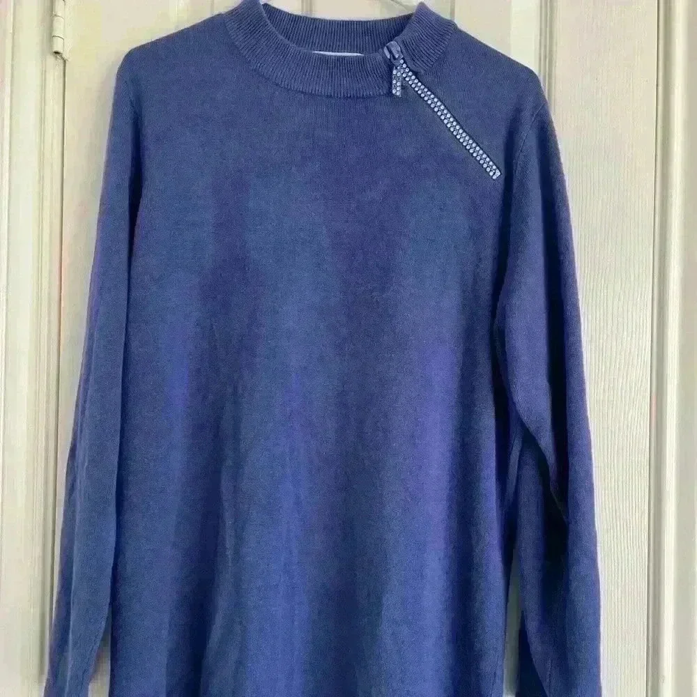 Quacker Factory Purple Sweater Soft Rhinestone zipper 1X